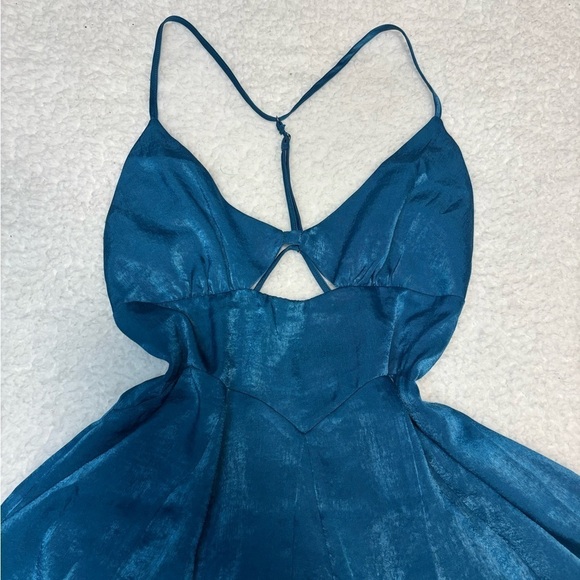 Free People Women Blue Good Catch Mini Slip Dress Satin Cut Out - Picture 2 of 11